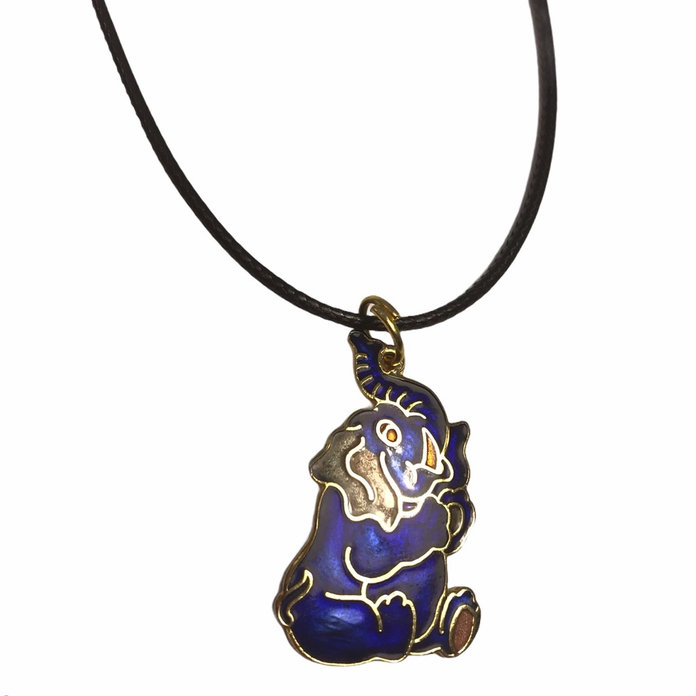Vintage Cloisonnรฉ Enamel Elephant Pendant Necklace Blue Good Luck Jewelry